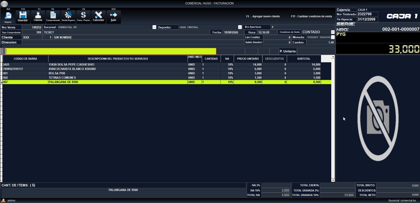 Pantalla de facturación del sistema de punto de venta Mastersys